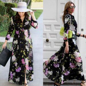 Zara Woman Black Pink Floral Maxi Dress 3/4 Sleeve Sz M Cottagecore 26657